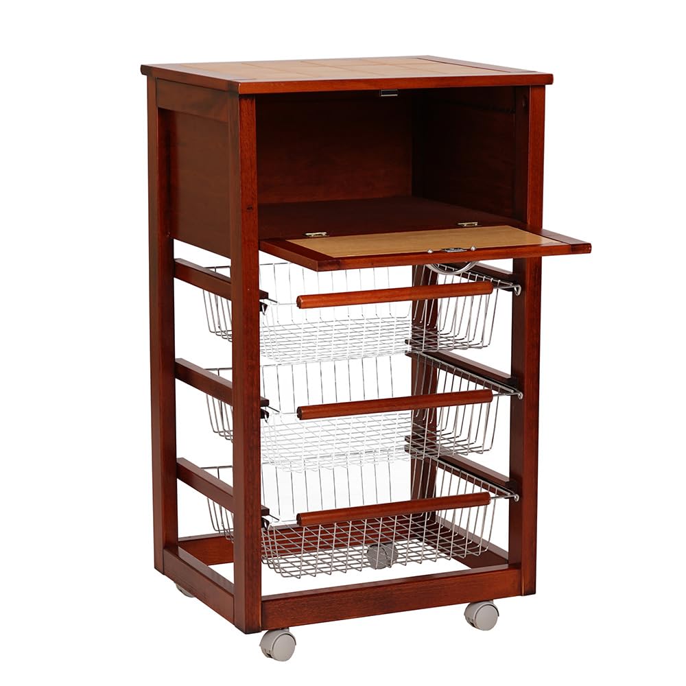 Carrello Portafrutta In Legno - Con Cassetto E 4 Cestelli, Ruote, Design Salvaspazio, Naturale - Foto 6