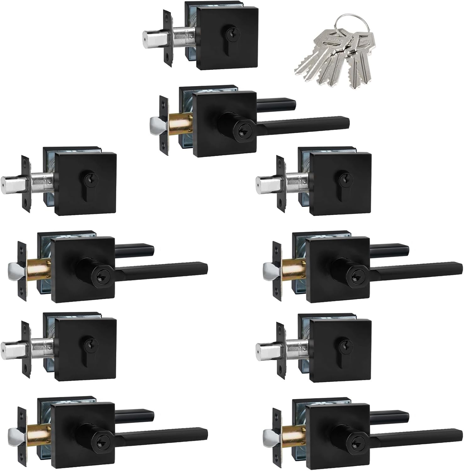 Keyed Alike(All Same Keys) Keyed Entry Door Lever with Single Cylinder Deadbolt Combo, Front Door/Exterior Door Handleset, Matte Black, 5 Set