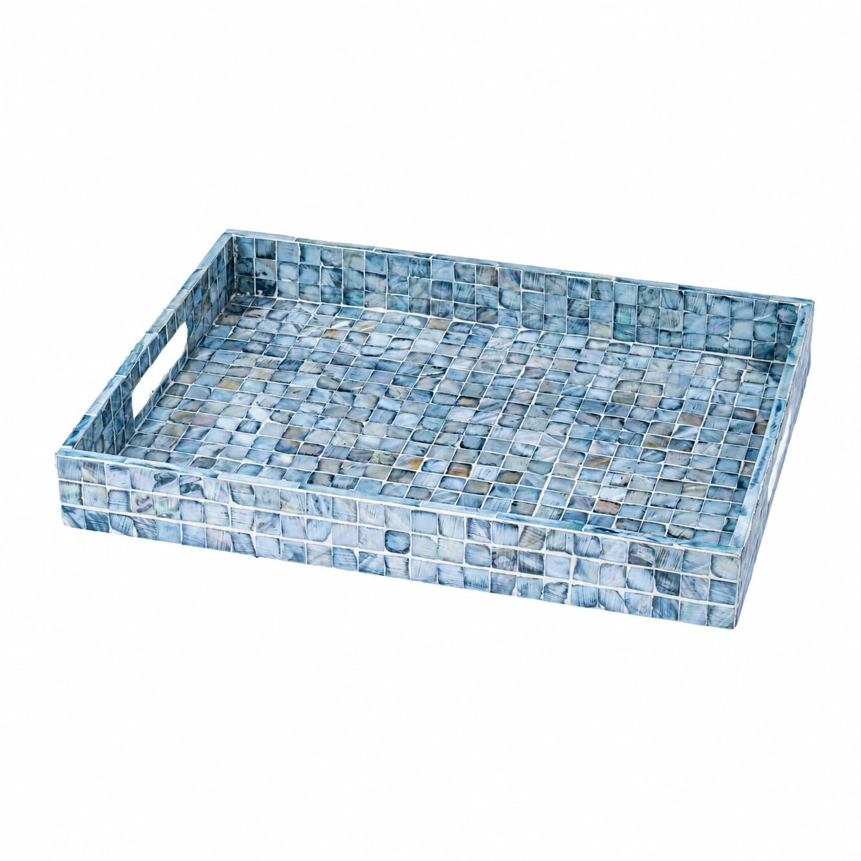 Photo 1 of PEMAR Rectangular Mother of Pearl Serving Tray Nacre Wood Lap Ottoman Tray for Coffee Table, Luxury Decorative Handmade Eating Platters w Insert Handles (Blue)