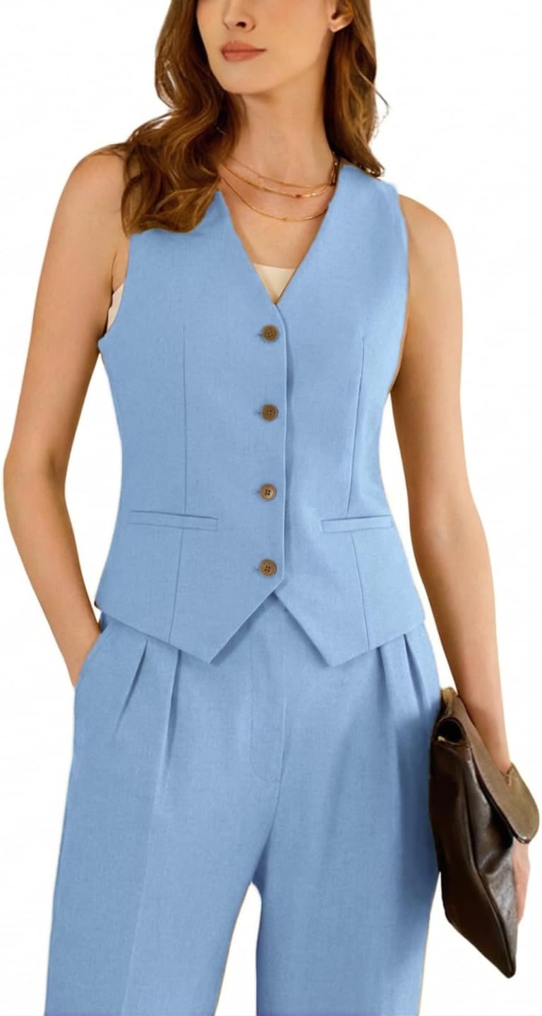 2 Piece Set Linen Outfits for Women Casual Pant Suits Womens Linen Vest Set Work Office Suit Slim Fit