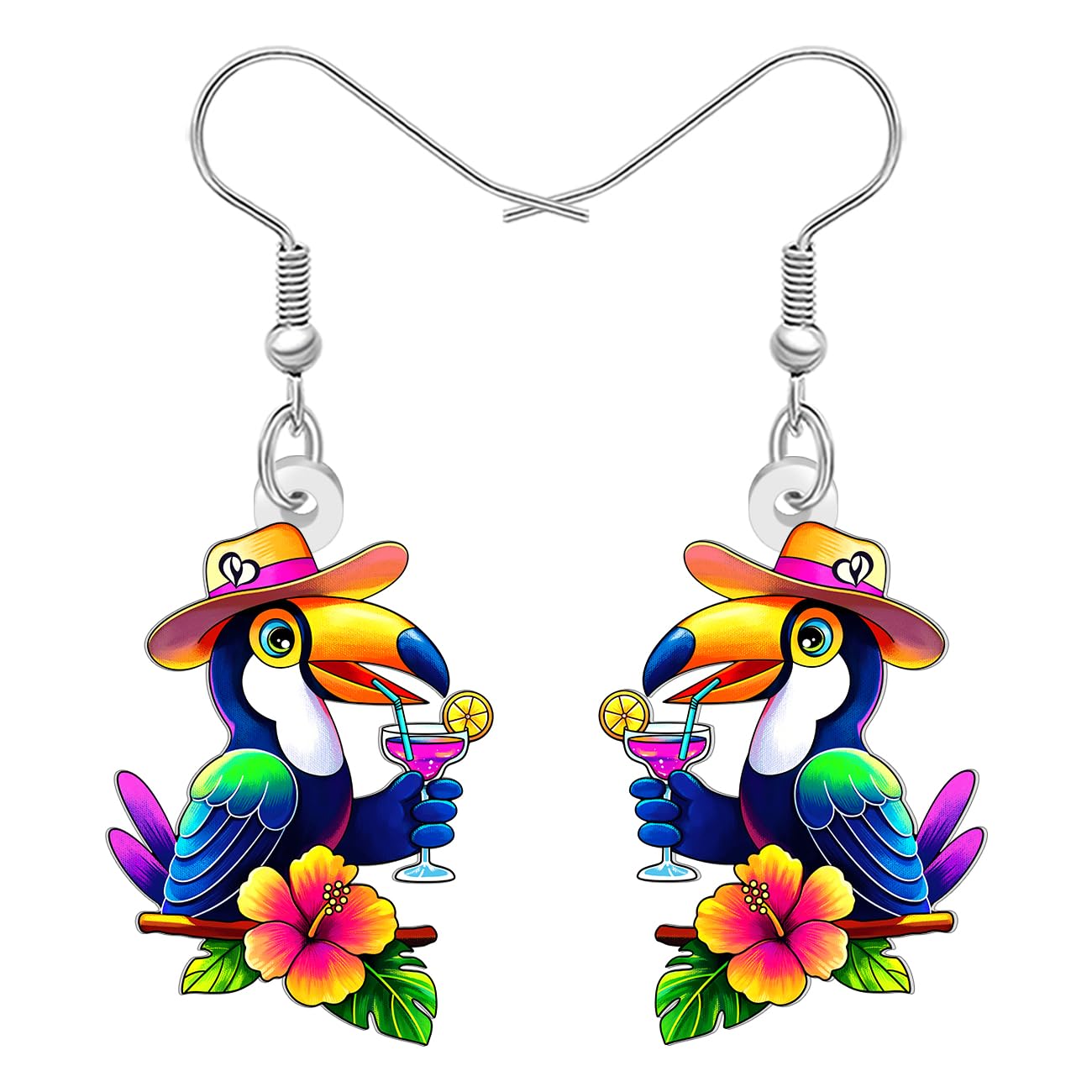 DALANE Acryl Bunte Tropische Blume mit Tukan Stehend auf Zweig Tropfen Ohrringe Hängend Niedlich Spaß Tiere Vogel Schmuck Geschenke für Damen Mädchen Vogelliebhaber Zubehör