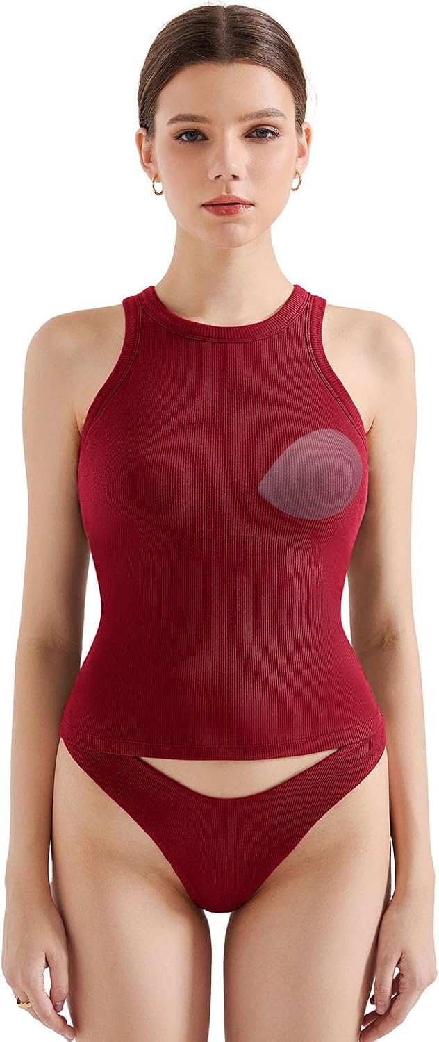  Women Padded Cotton Ribbed Tank Tops High Neck Racerback Basic Tops