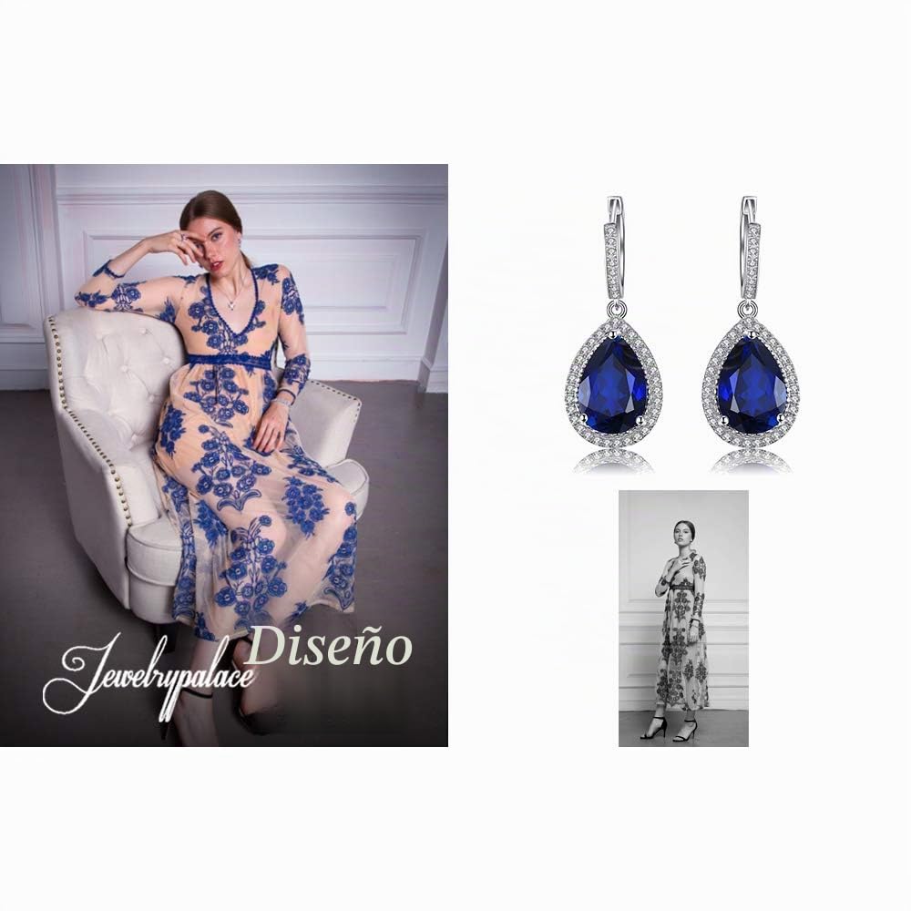 JewelryPalace Halo Pendientes Colgantes Mujer Plata Oro 14k Oro Rosa, Pendientes de Gota con 12.4ct Zafiro Azul Creado Corte Pera, Pendientes Largos Niña con Piedras, Joyas Mujer