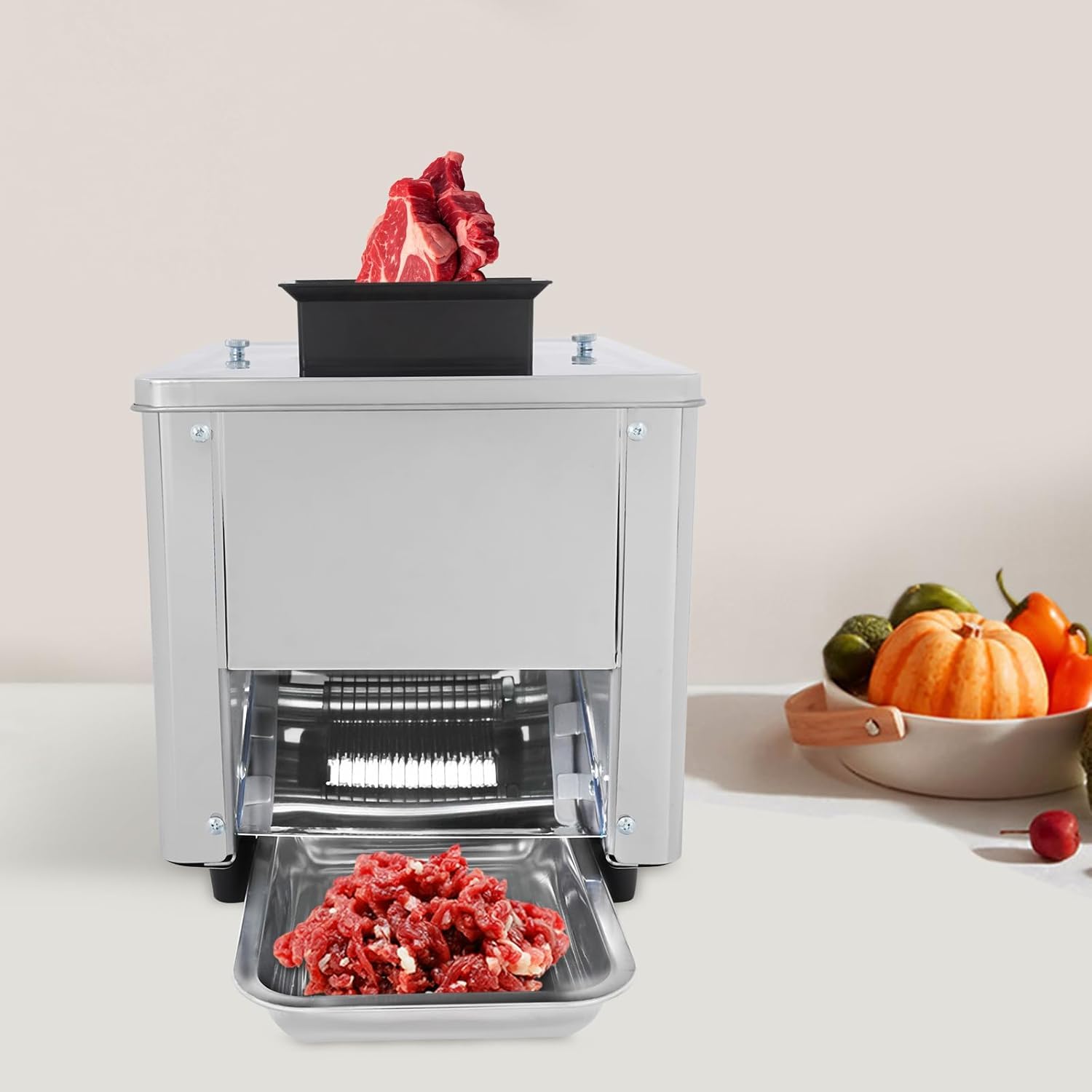 Komercyjna maszyna do cięcia mięsa 850 W, krajalnica ze stali nierdzewnej 150 kg/h, 7 mm wołowina, wieprzowina, niszczarka jagnięca i kostka do wydajnego przetwarzania mięsa