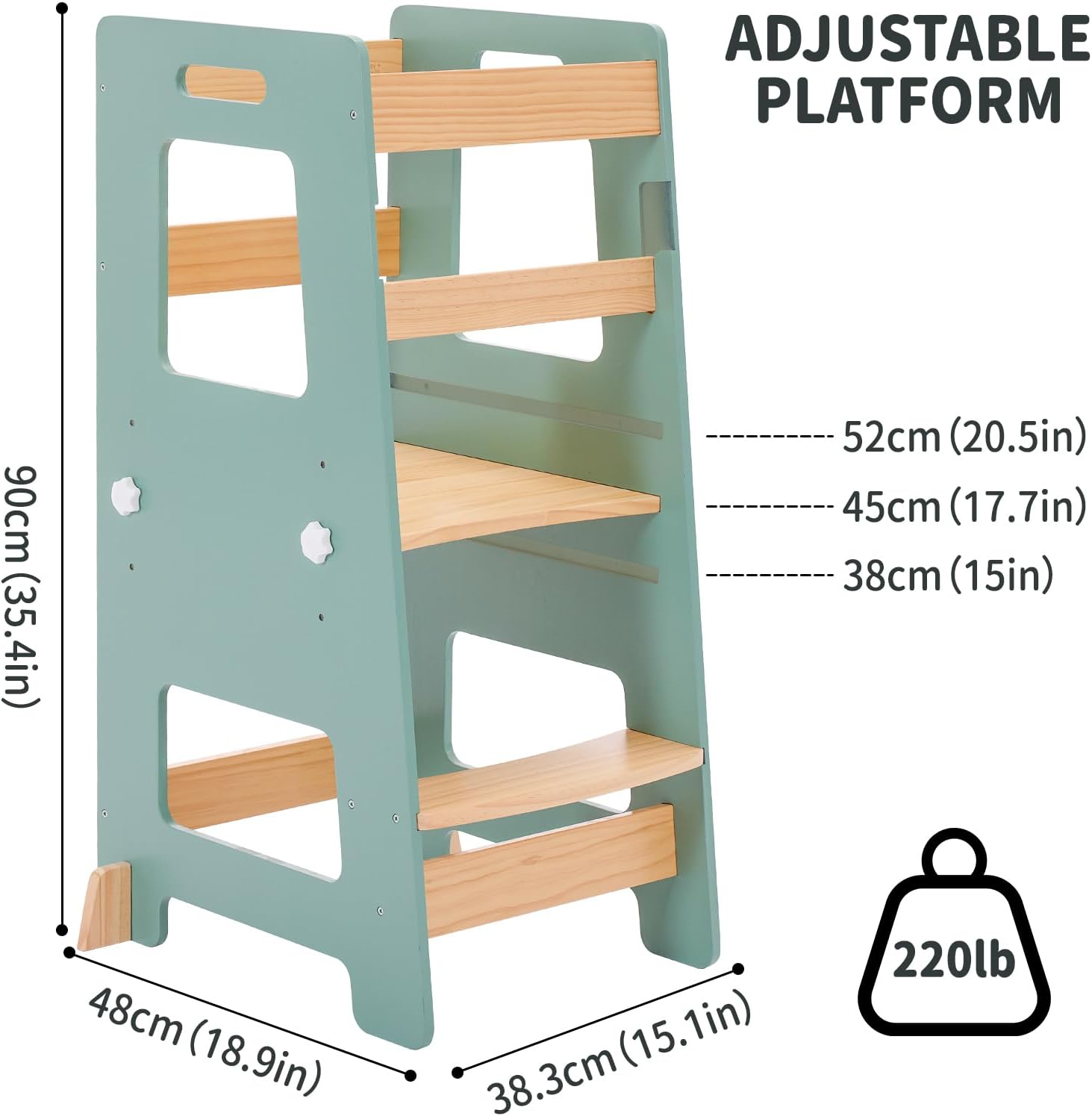 WOOD CITY Kitchen Step Stool - Safe Montessori Standing Tower for Kids with Safety Rail, Height Adjustable Toddler Ideal Helper for Learning New Skills, Anti-Slip Protection for Bathroom - Green… image 4