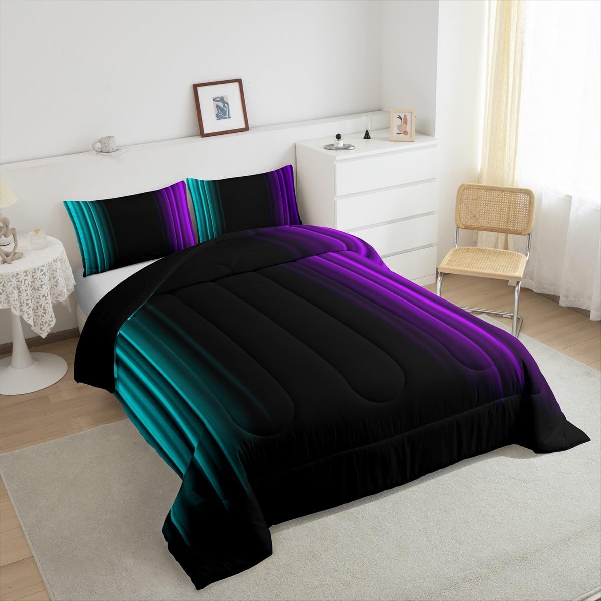 Feelyou Teens Abstract Ombre Decorations Bedding Set for Kids Women Teal Purple and Black Comforter Set Geometric Modern Quilt Set Room 3Pcs Queen Size