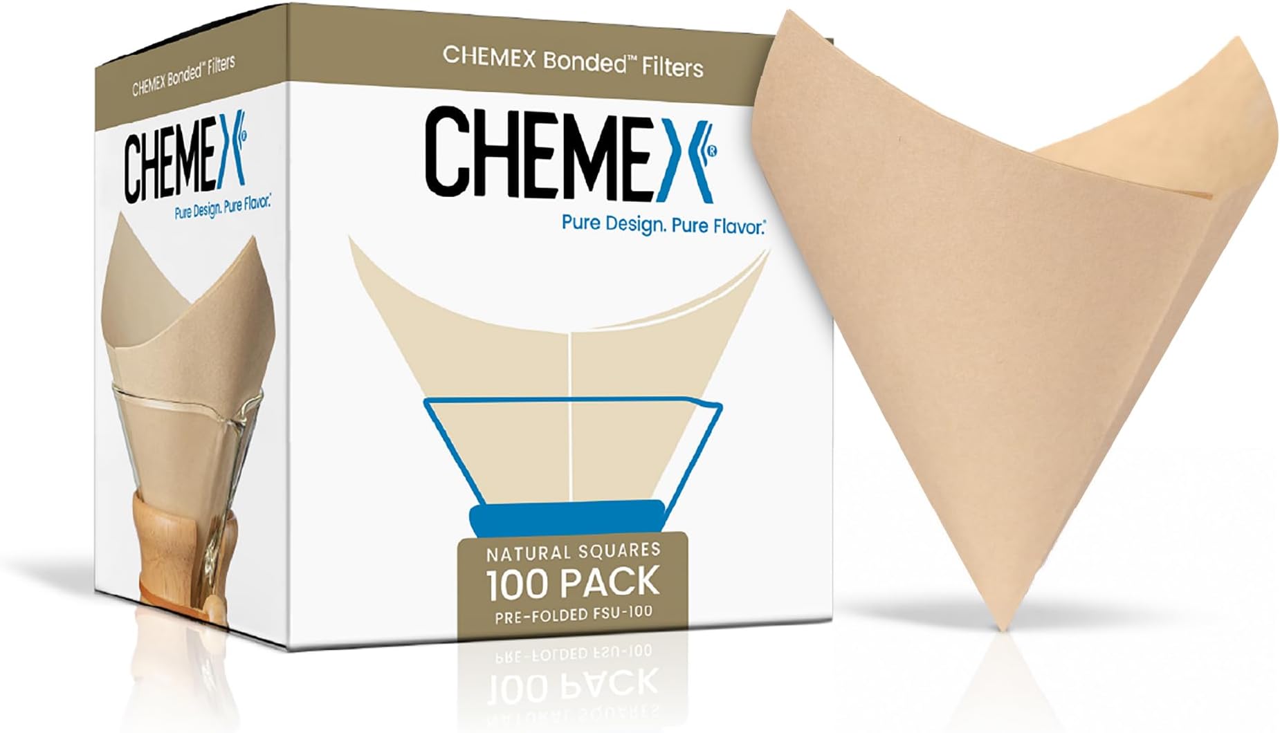 Chemex Bonded Unbleached Pre-Folded Square Coffee Filters, 100 Count