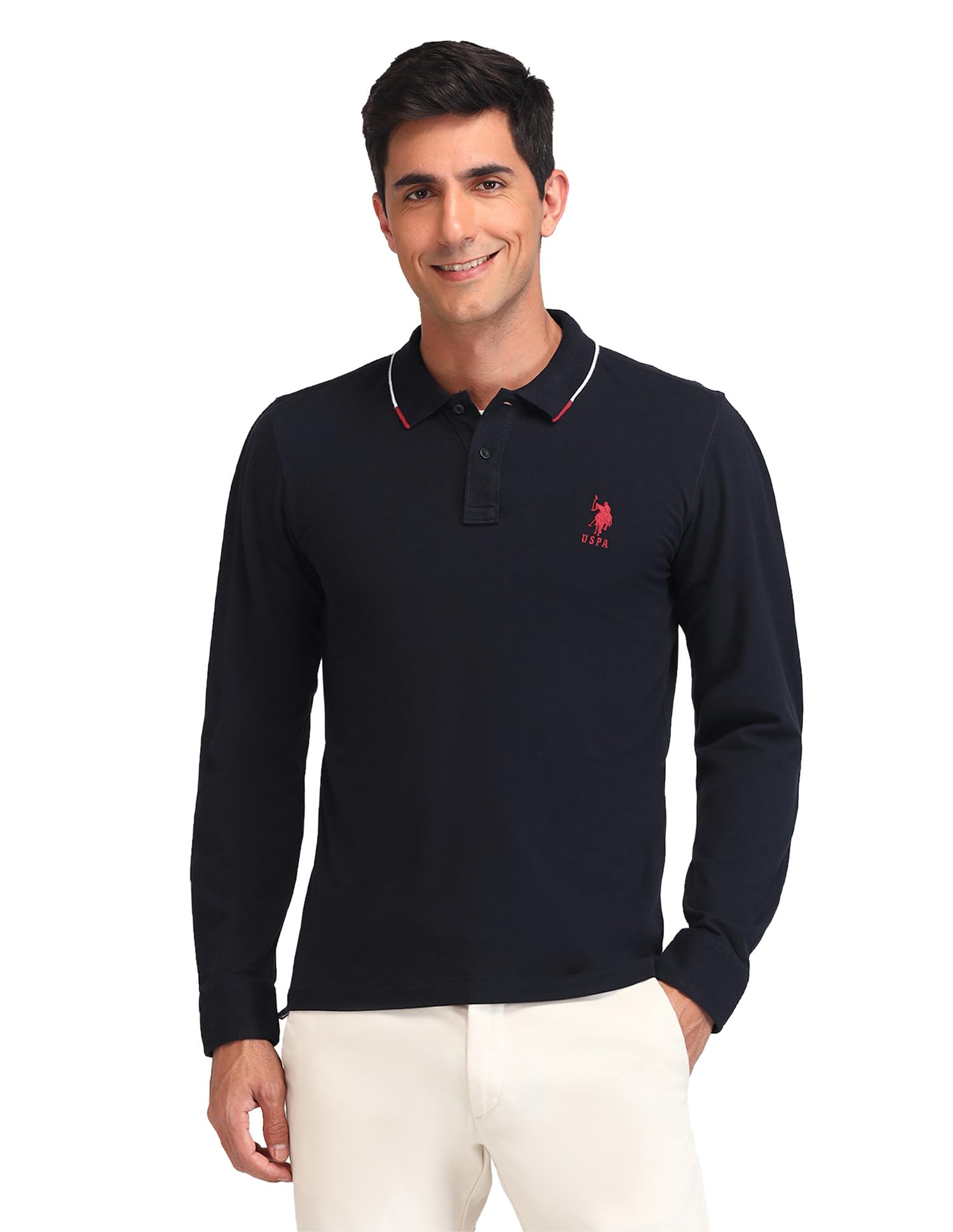 U.S. Polo Assn. Mens Blue Solid Collared Neck Long Sleeve Casual Cotton Slim Fit Polo Shirt-picture-14