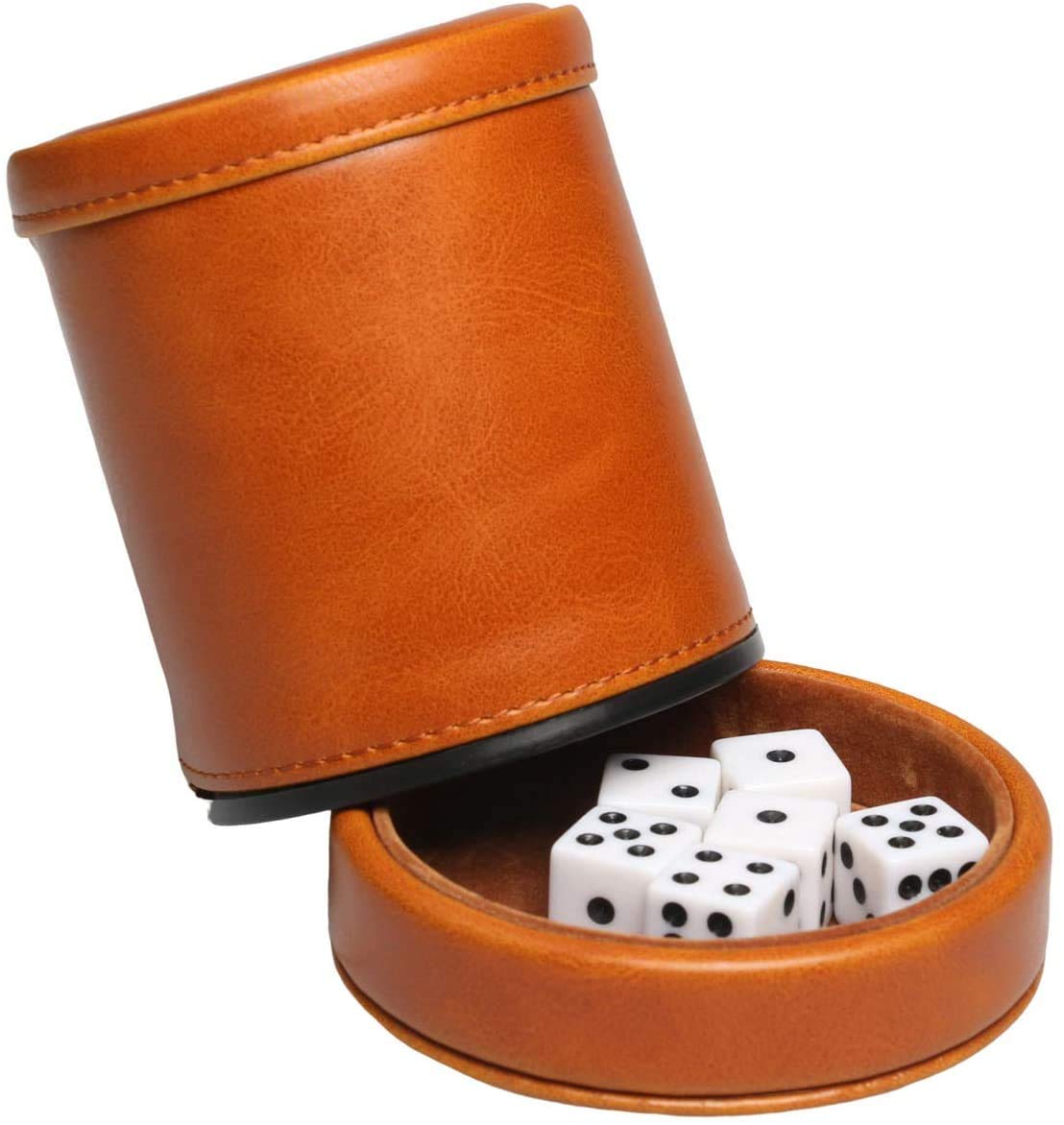 Coupe de dés en Similicuir avec Couvercle Comprend 6 dés, intérieur en Velours Silencieux à secouer pour Les Jeux de société Liars Dice Farkle Yahtzee, Marron