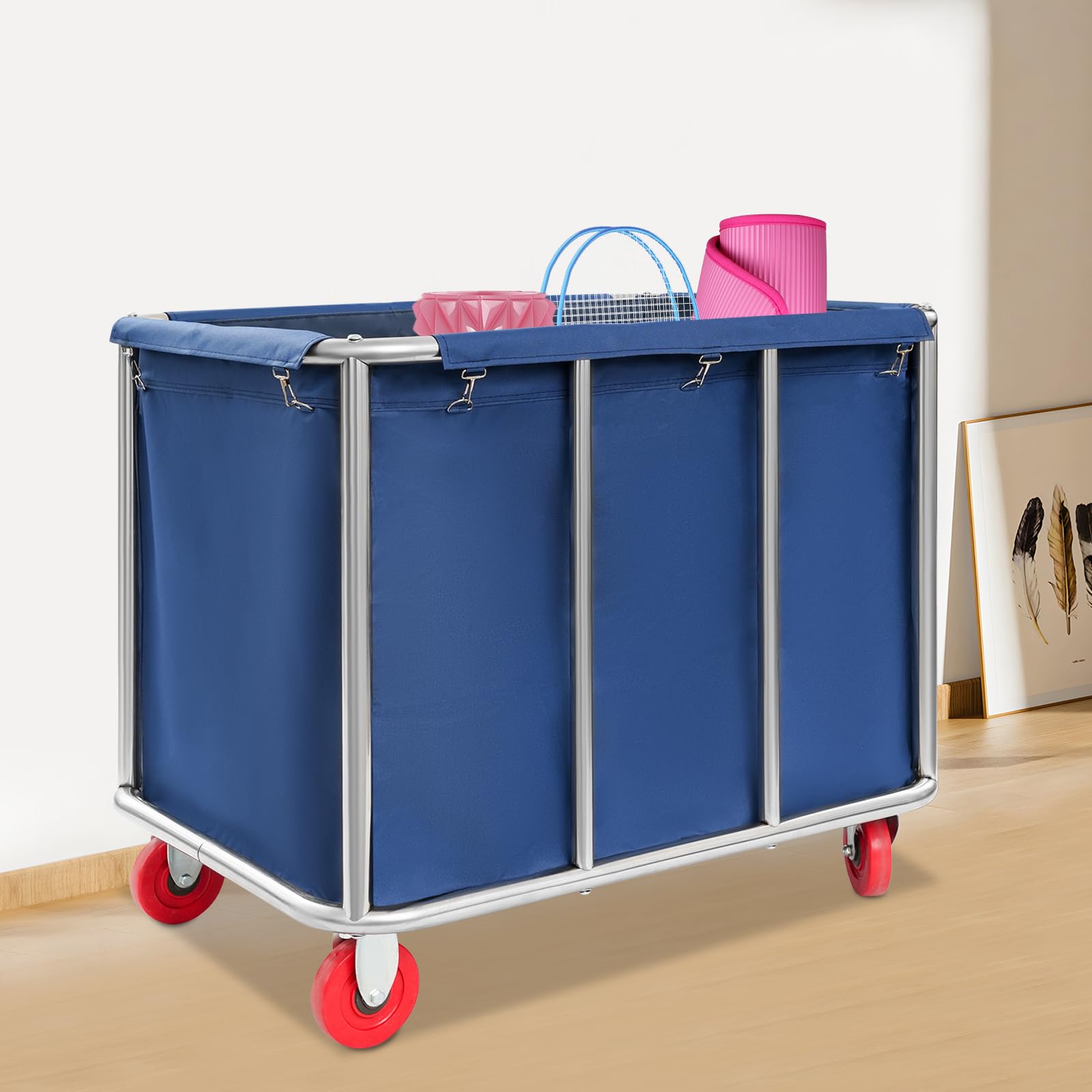 Carrito de lavandería comercial grande de acero inoxidable con ruedas 90x65x80cm (azul) | Cesto grande para la colada con ruedas 400L 260 Lbs 35 x 25 x 31 pulgadas - Ideal para hoteles, lavandería, almacén hospital