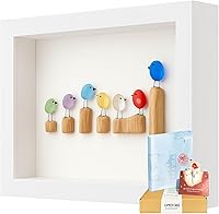 UQRUI Handmade Sea Glass Rainbow Birds on Driftwood Branch Wall Art - Coastal Beach Seaglass Decor Framed Picture, 7 Birds White Frame