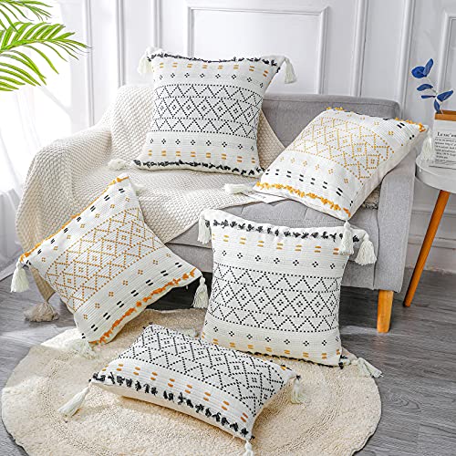 Panod Pack Of 2 Knitted Boho Throw Pillow Covers,Natural Cotton Hand-Woven Tufted Decorative Tassel Hug Lumbar Pillowcase For Couch Sofa Bedroom Living Room Farmhouse,12X20 Inch Black #TOP4