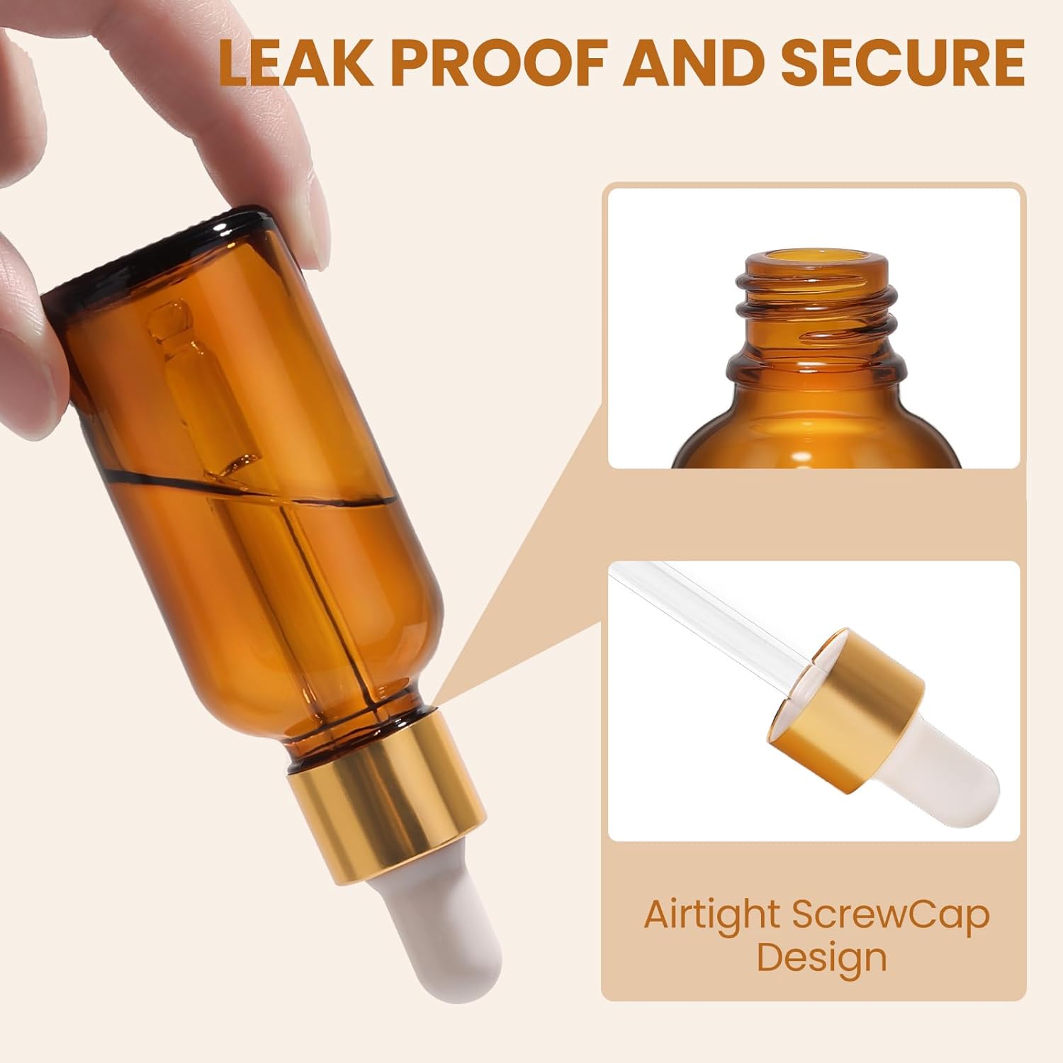 UPBUD 50Pack 1oz Amber Glass Dropper Bottles with Gold Lids, Funnels, Droppers, Extra Caps & Labels – Leakproof, UV Resistant 30ml Empty Bottle for Tinctures, Essential Oils, Beard, Hair Oils