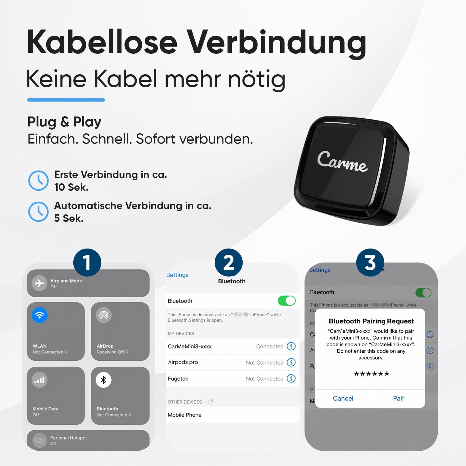 CarMe Ultra Mini 2-in-1 CarPlay Wireless Adapter & Android Auto Wireless Adapter, wandelt kabelgebundenes CarPlay & Android Auto in kabellos um, Easy Plug & Play für iOS 10+/Android 11+ (Schwarz)