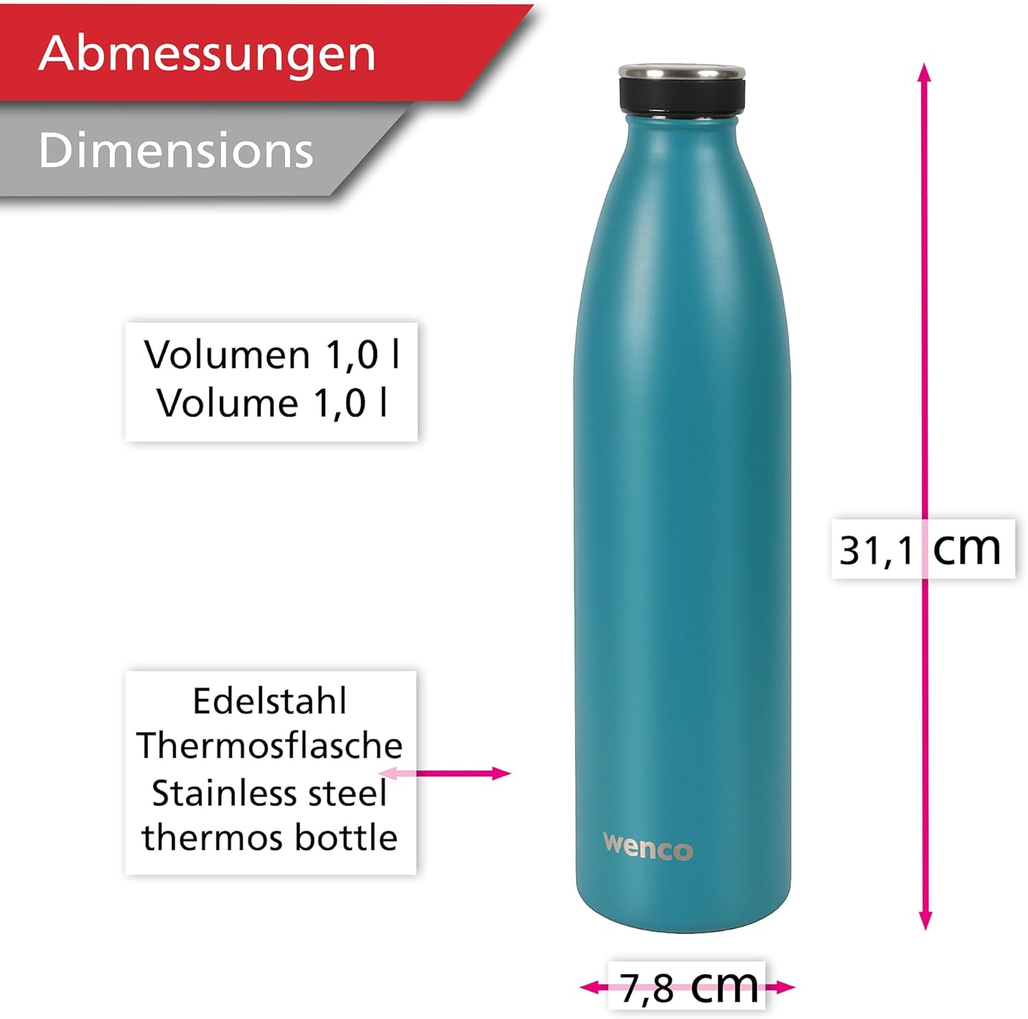 Stainless Steel Drinking Bottle 1 L / 1000 ml Insulated and Leak-Proof for Cold and Hot Drinks Can Also Be Used as a Thermos Flask BPA Free - Carribean Blue
