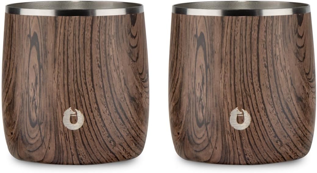 SNOWFOX Insulated Whiskey Glasses, Premium Vacuum Insulated Stainless for Cold Drinks, Steel Rocks Glasses, Set of 2, Old Fashioned Glass, Gift for Men, Home Bar Accessories, 11oz, Dark Walnut