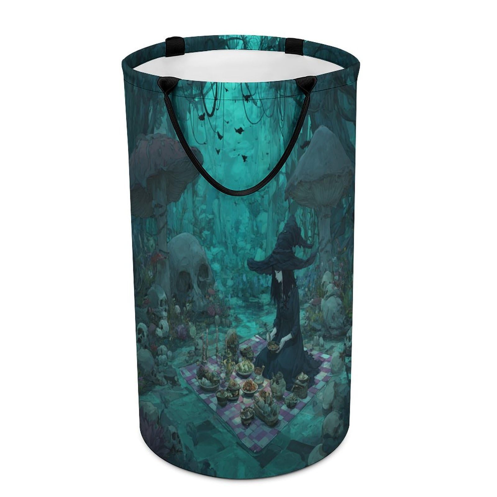 LUYYSKY Vintage Elegant Gothic Witch Collapsible Dirty Clothes Basket, Funny Oil Painting Spooky Forest Bird Plant Mushroom Skeleton Portable Clothes Storage Laundry Basket-40 CM Dia, 69 CM High