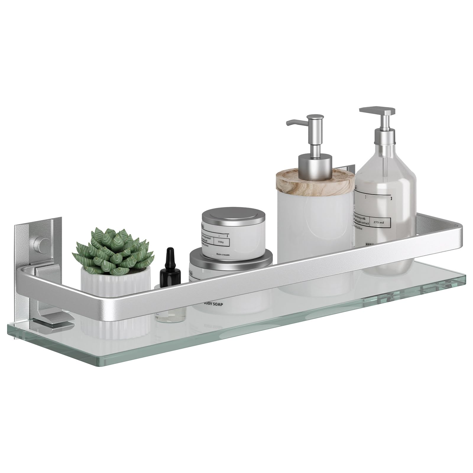 Danpoo Clear Tempered Glass Wall Shelf, Wall-Mounted Organizer for Bathroom, Kitchen(Matte Silver)