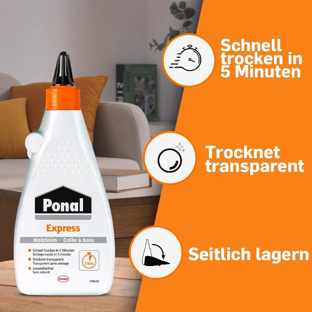 Ponal Express Holzleim, transparent und schnell trocknender Holzkleber für vielseitige Verleimungs- & Bastelarbeiten, wasserfester Leim in praktischer Flasche, 10x550g
