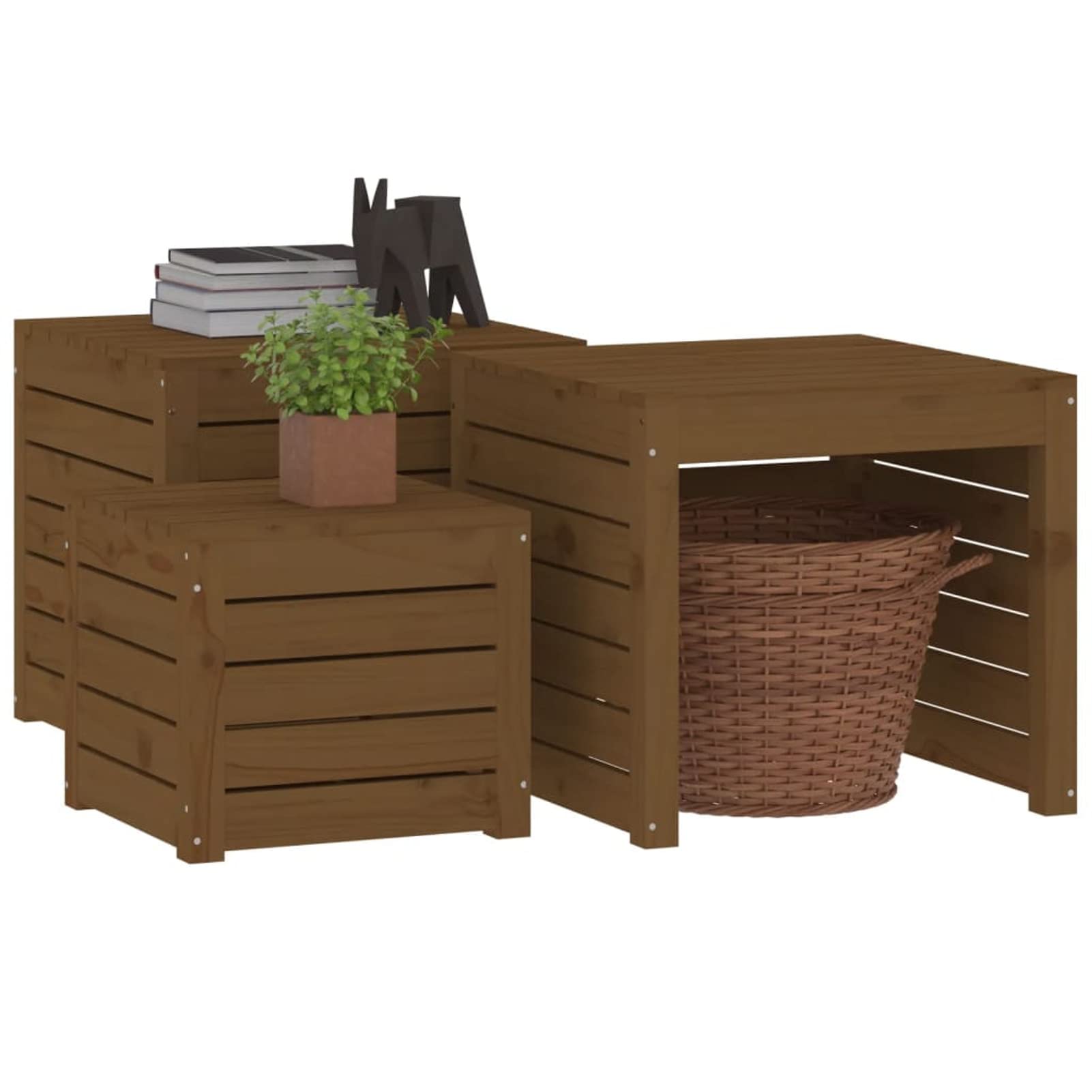Gecheer Set di scatole da giardino, 3 pezzi, marrone , legno di pino massiccio, contenitore di immagazzinaggio esterno, organizer per attrezzi, cassapanca per balcone, piscina e terrazza