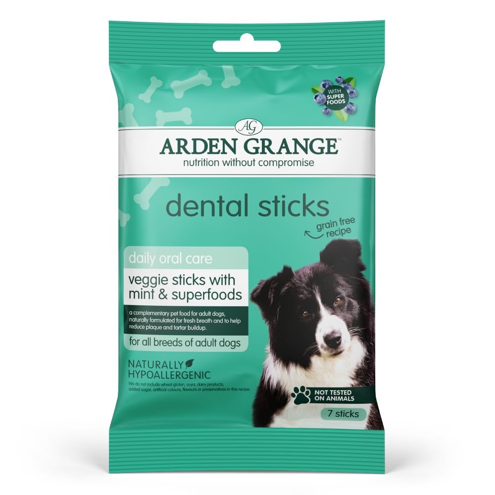 Arden Grange Dental Sticks with Mint & Superfoods 8 x 180 g - Grain Free Dental Chews with Mint Oil, Antioxidants and Tartar-Reducing Minerals - Naturally Hypoallergenic - Made in England