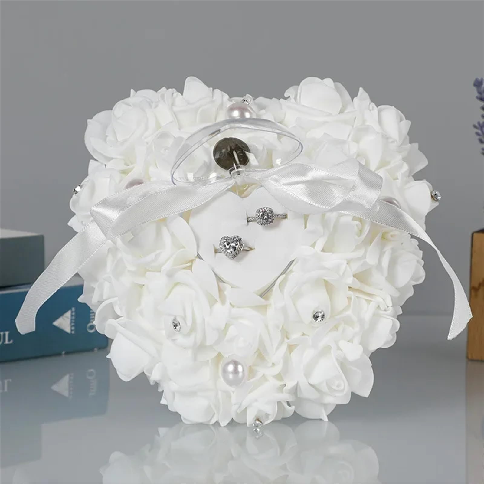 Cuscino for fedi nuziali romantico in raso con cristalli a forma di cuore for fidanzamento, proposta matrimonio, decorazione per cerimonia di matrimonio