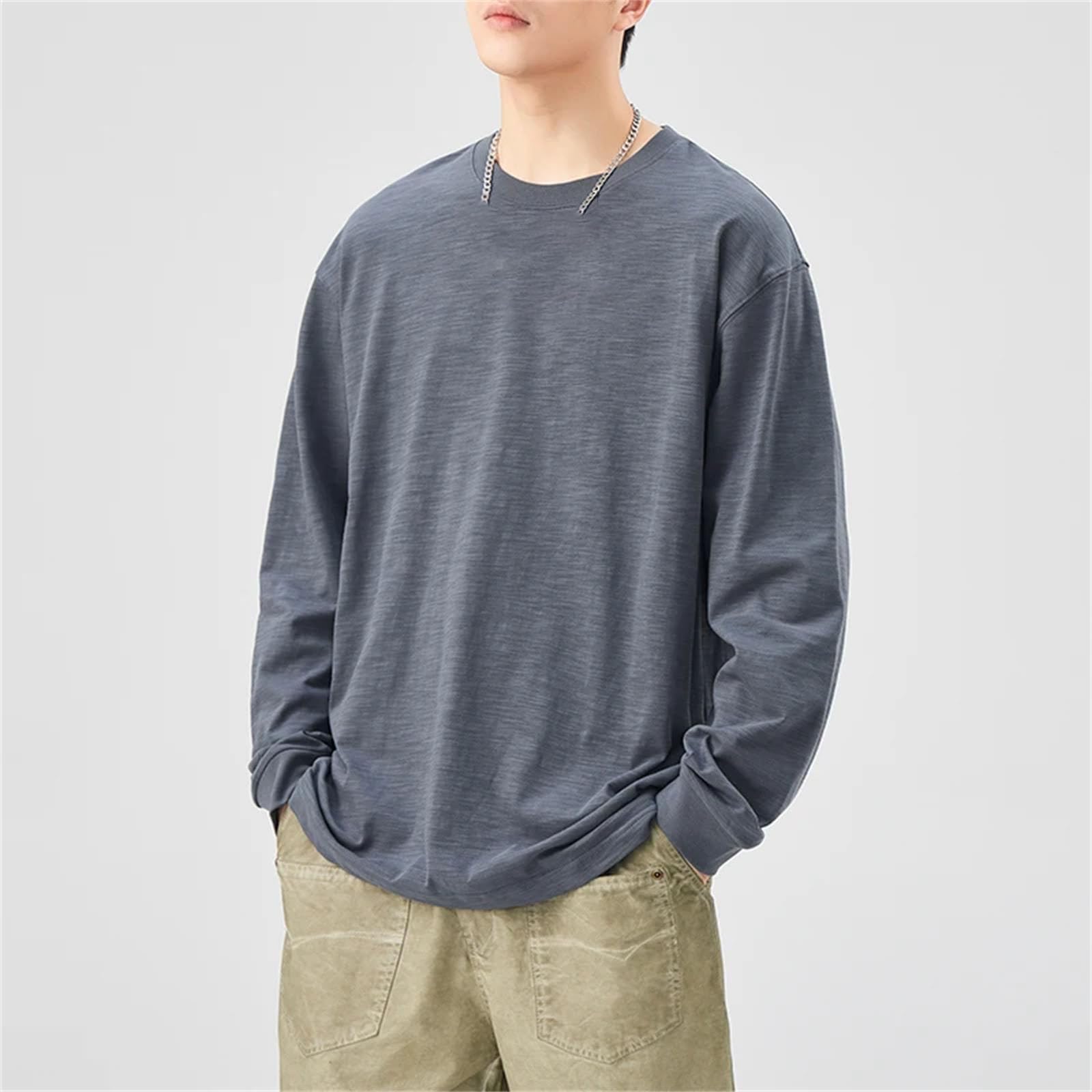 Maglietta da uomo in cotone fiammato pesante, a maniche lunghe, girocollo, ricamato, oversize, casual