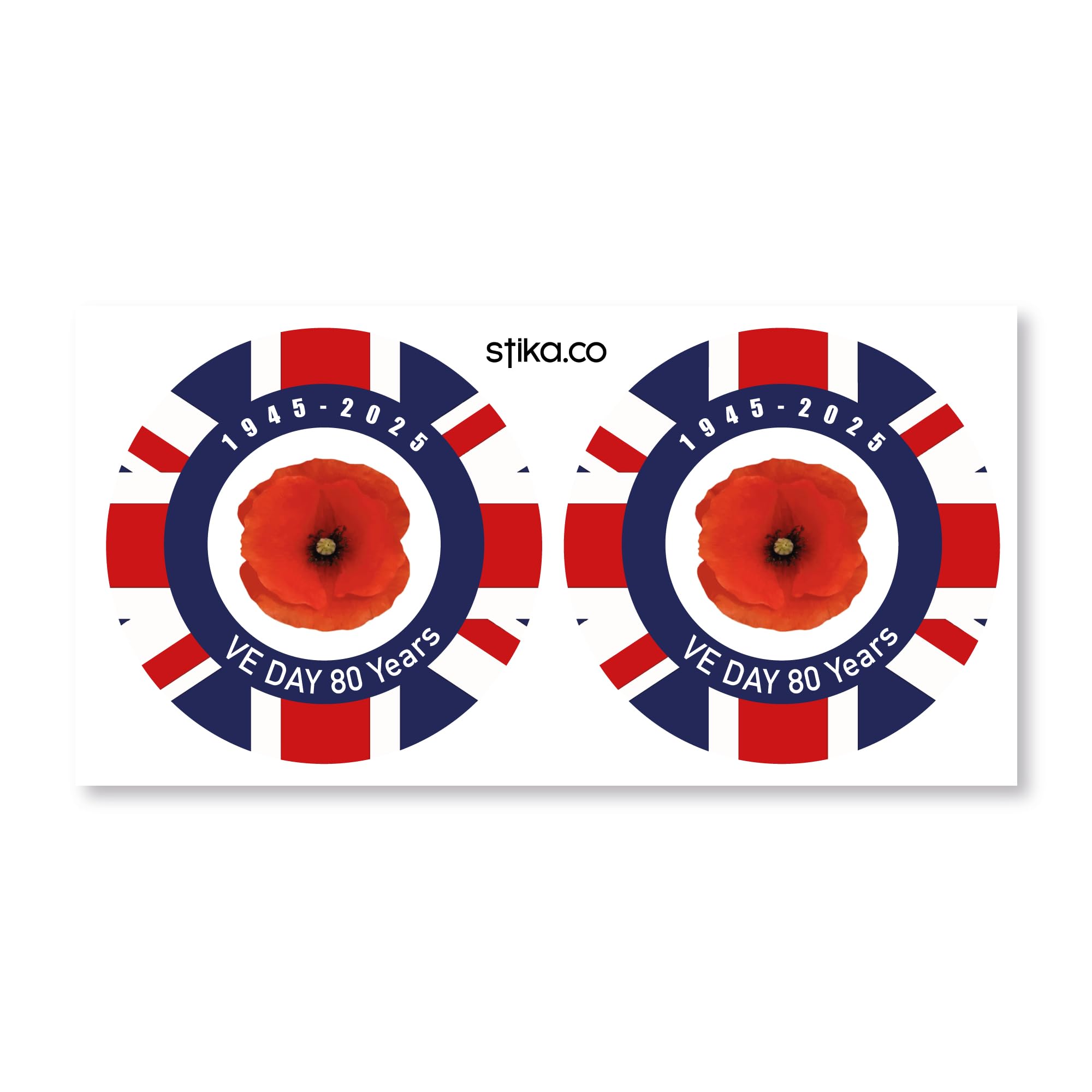 stika.co Set of 2 VE Day 80th Anniversary Stickers - VE Poppy Sticker - 10cm Self-Adhesive Vinyl Decals for Street Parties, Windows & Celebration Decor