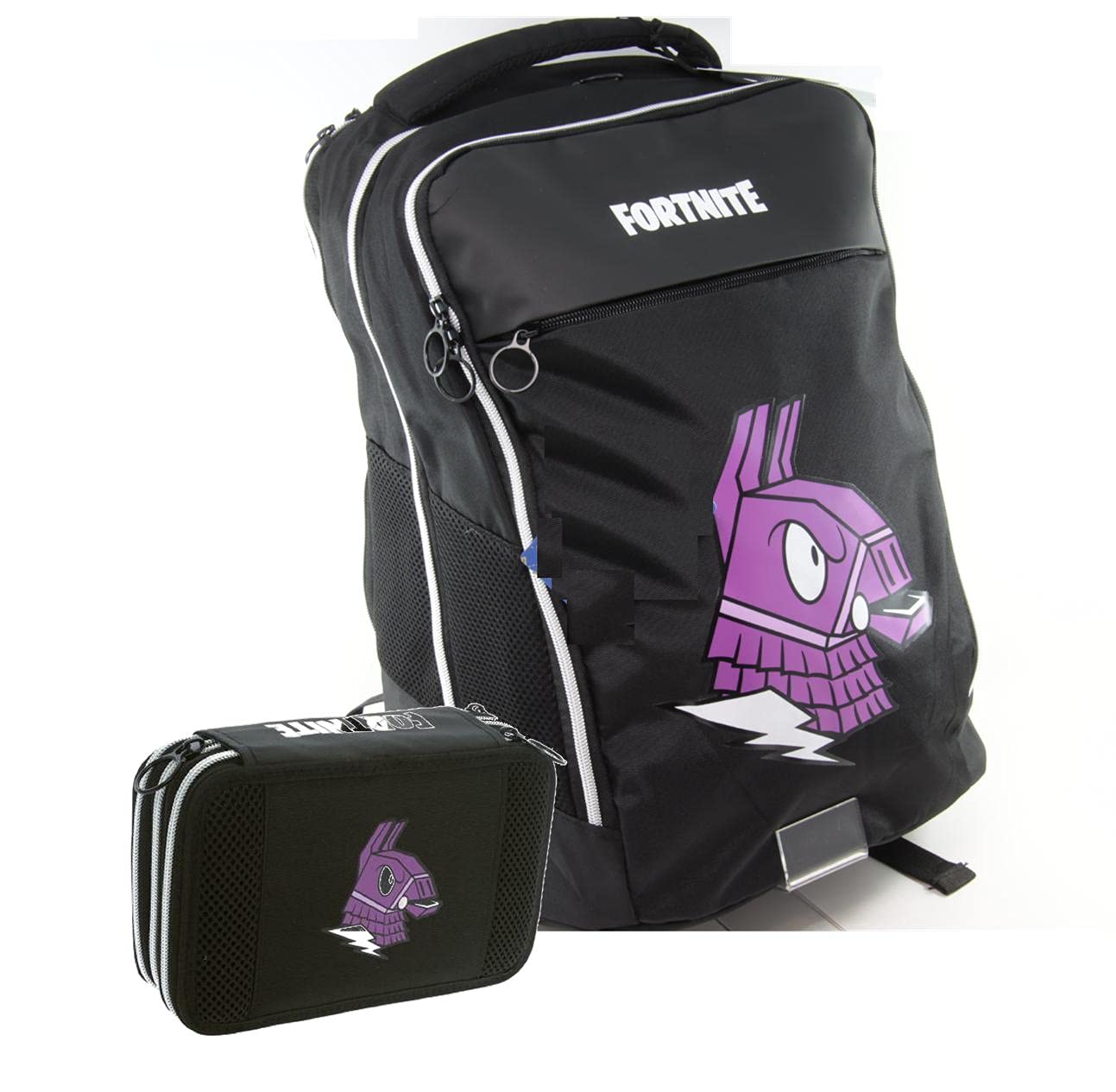 Schoolpack Zaino Scuola Compatibile con Fortnite Lama Organizzato 3 Zip + Astuccio Completo