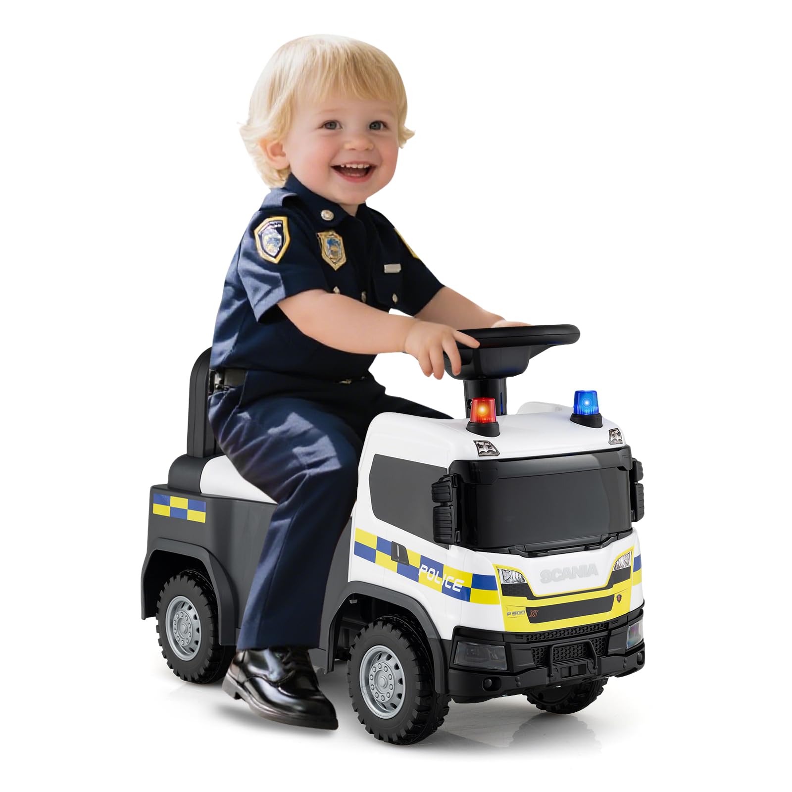COSTWAY Correpasillos Bebé, Coche Correpasillos para Niños con Bocina, Música, Sonidos y Luces de Bombero/Construcción/Policía, Andador con Almacenaje para Niños de 18+ Meses (Blanco)