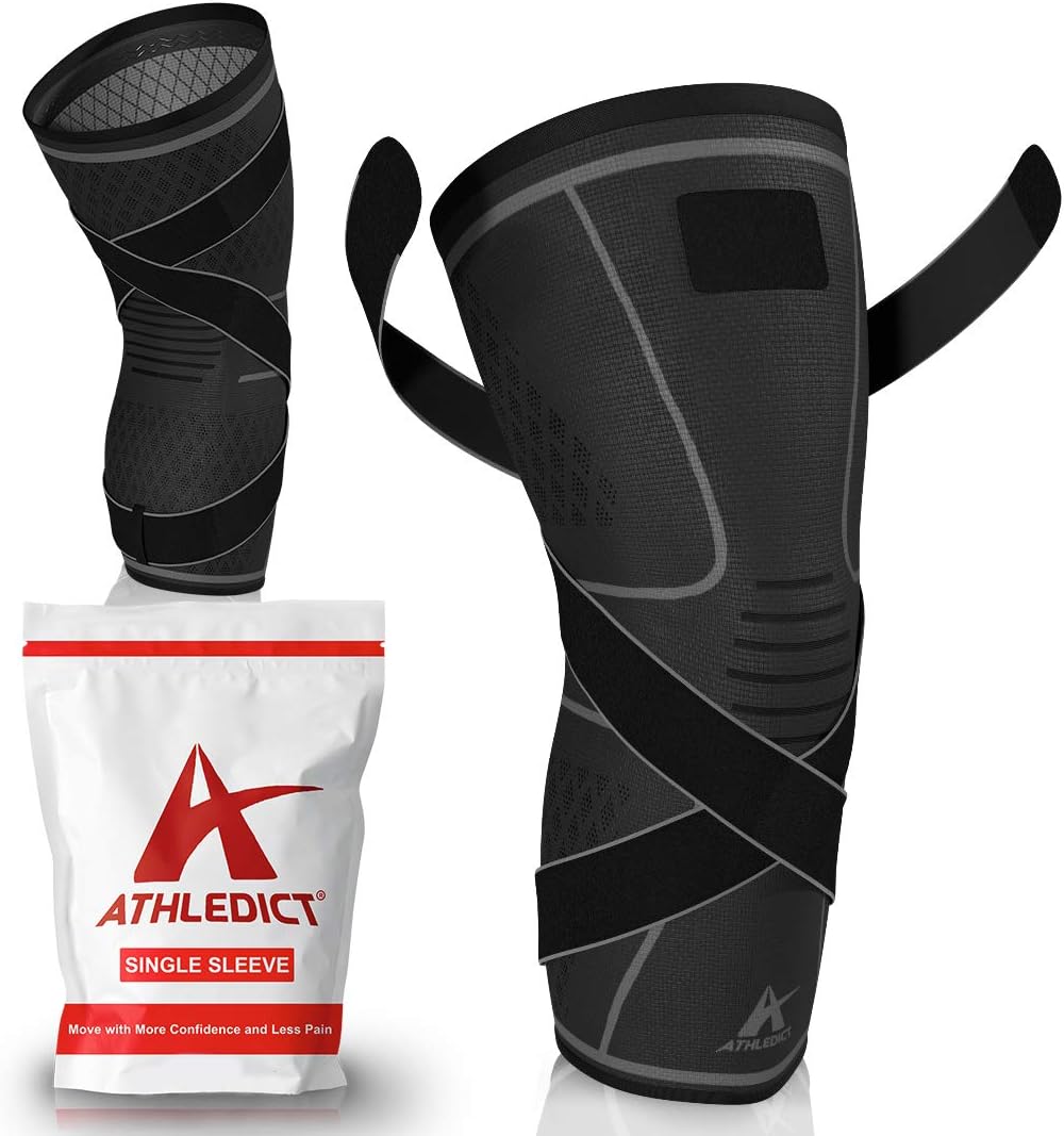 ATHLEDICT Knee Brace Compression Sleeve with Strap for Best Support & Pain Relief for Meniscus Tear, Arthritis, Running, Basketball, MCL, Jogging and Recovery for Men & Women (Black, X-Small)