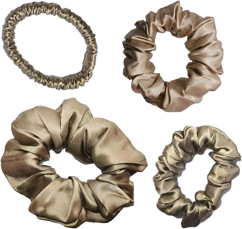 100% Pure 19 Momme Mulberry Silk Hair Scrunchies for Women 4 Pack Large Khaki Silk Sleeping Hair Ties Soft & Shiny Ponytail Holders Set for Girls