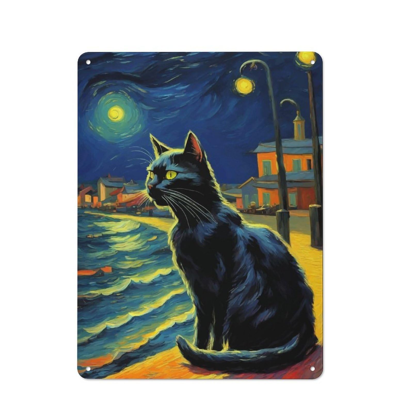 Junmoney The Starry Night Black Cat Retro Tin Wall Plaque 40X30cm For Man Cave Or Games Room, For Games Room Collectors