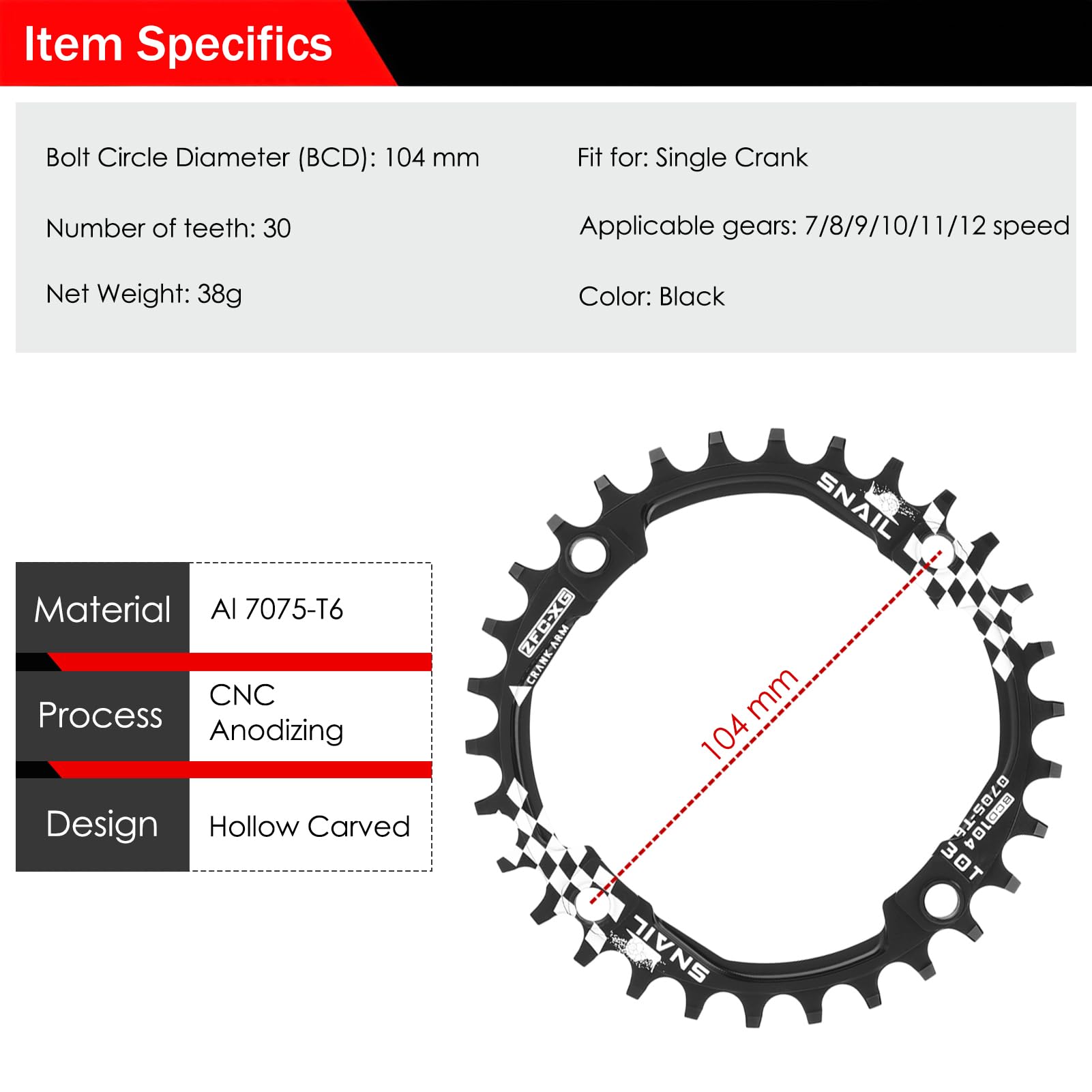 BESNIN 104 BCD Corona Rotondo 30/32/34/36/38/40/42/44/46/48/50/52 Denti Corone Singolo in Lega di Alluminio per 7/8/9/10/11/12 velocità MTB, BMX, Bici da Strada