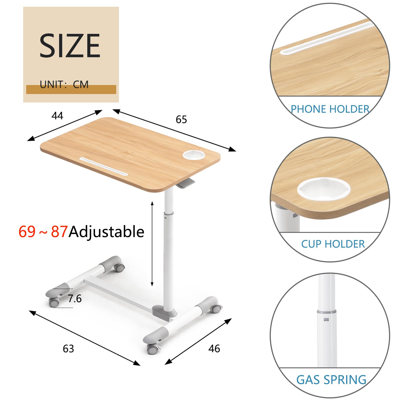 ETHU Table de Dessus avec Roulettes, Table à Roulettes Réglable pour Ordinateur Portable et Lit d'Hôpital