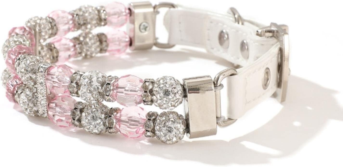 Collar de perro con diamantes de imitación, collar de cuero para gatos pequeños, medianos y grandes (rosa, M)