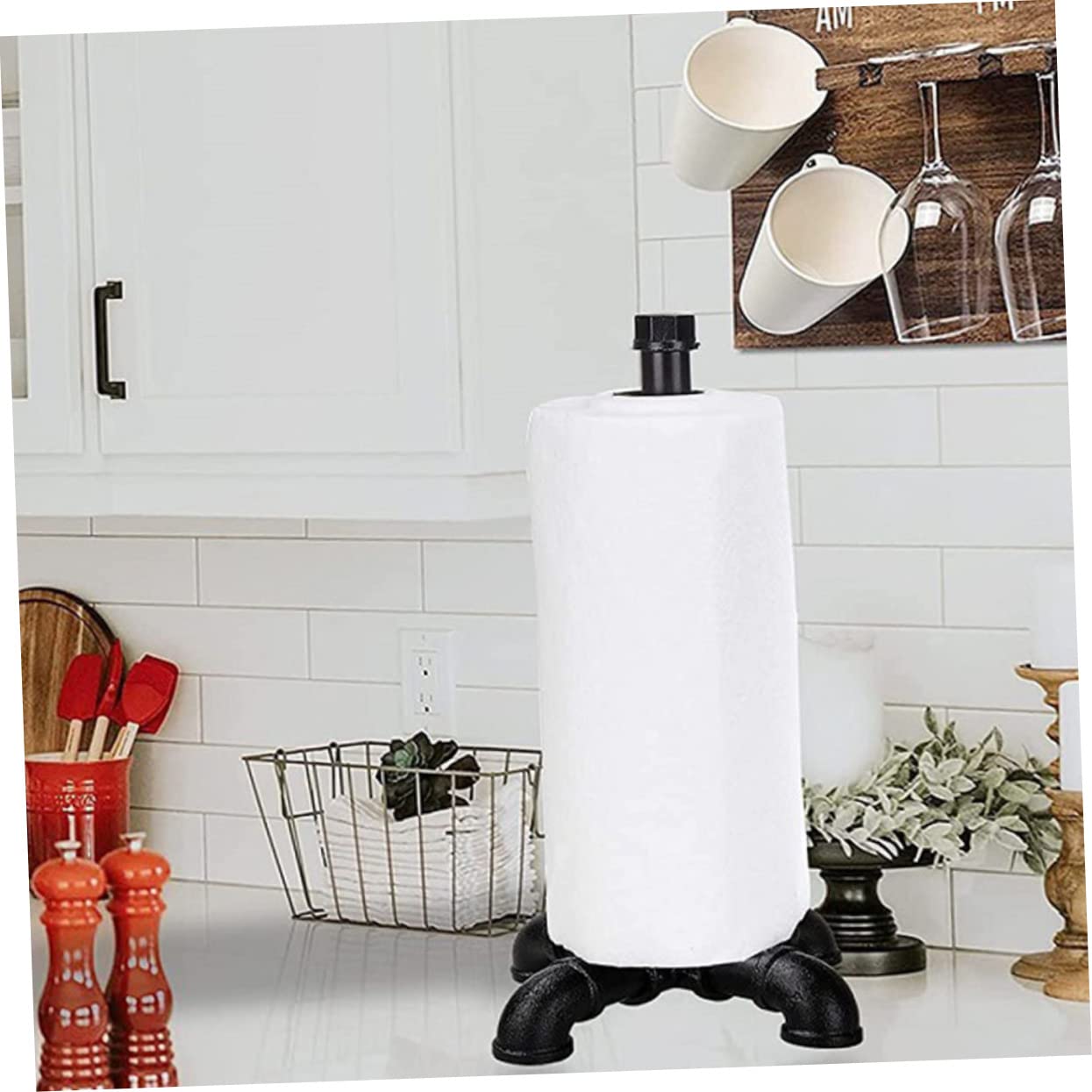 Portarotolo da Banco in Ferro Stile Vintage Industriale, Nero, Struttura Verticale Resistente e Pratica per Cucina e Uso Quotidiano