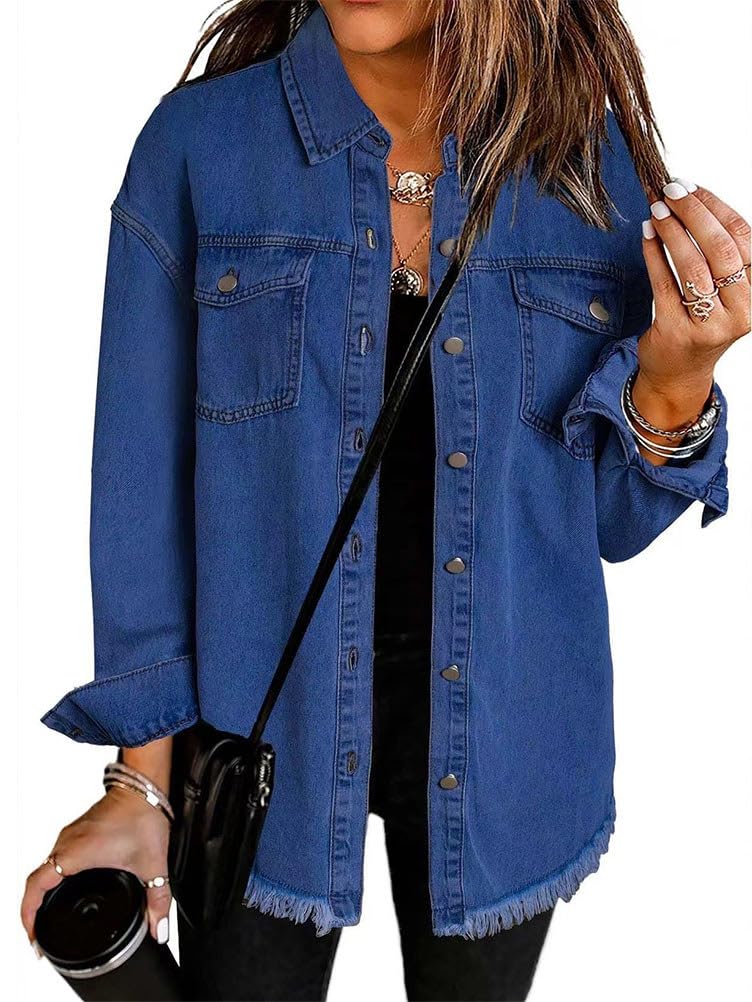 Veste en Jean Femme Longue Oversized Déchiré Denim Jacket Vintage Boyfriend Blouson