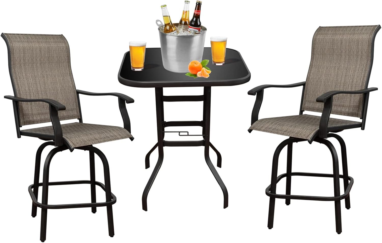 Outdoor Patio Swivel Bar Set of 2, Patio Stool with Bar Table, All-Weather High Bar Stool Bistro Set for Patio Pool Backyard Porch and Pool (2 Chairs & 1 Table), Brown
