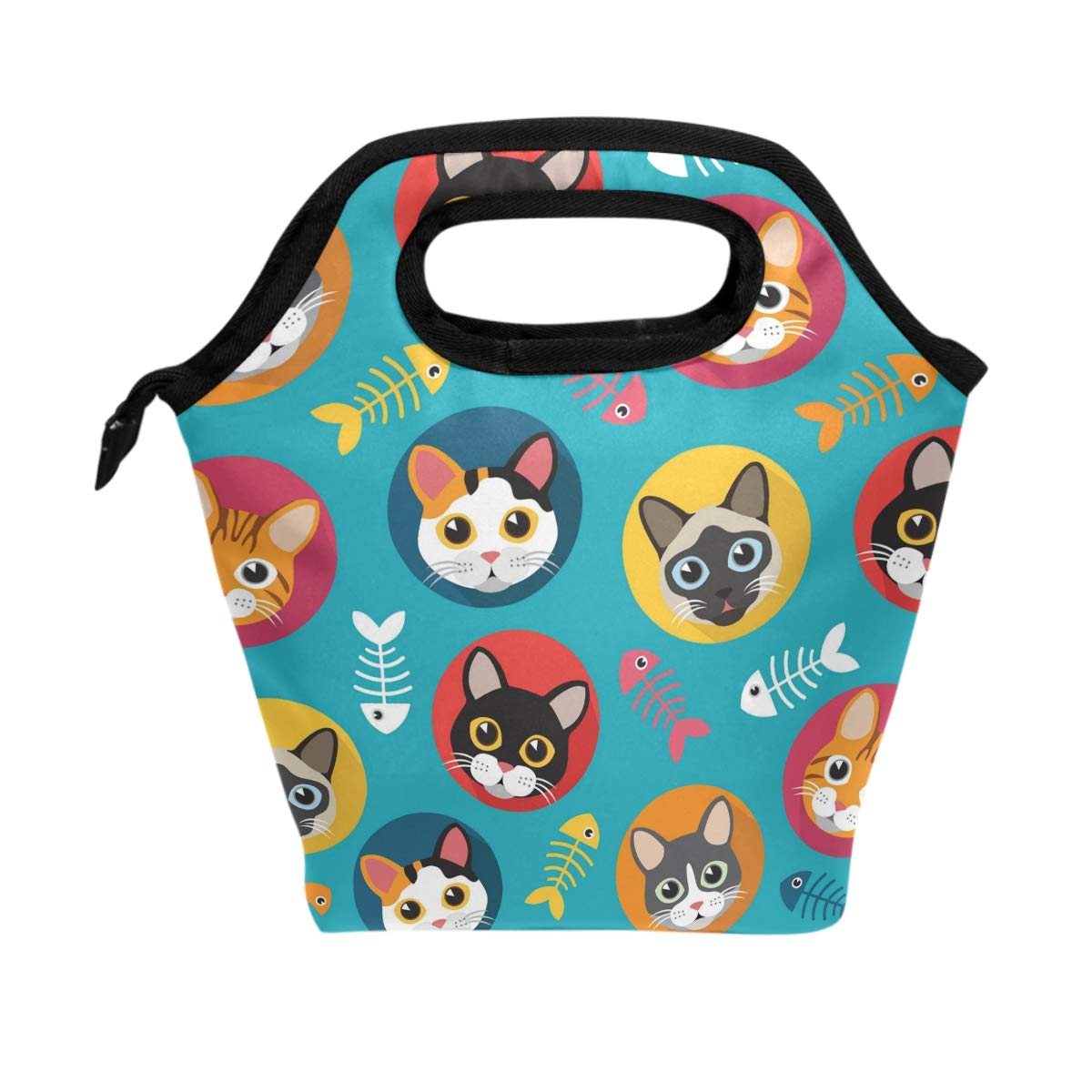Mnsruu Cute Cat Fishbone Kitten Insulated Lunch Bag Tote Bag Cooler Lunchbox Handbag for Outdoors School Girl Boy