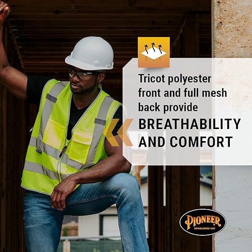 Miniatura 2 de Pioneer Chaleco de seguridad para hombre, malla reflectante de neón Hi Vis, 8 bolsillos, cierre de cremallera para construcción, tráfico, trabajo de