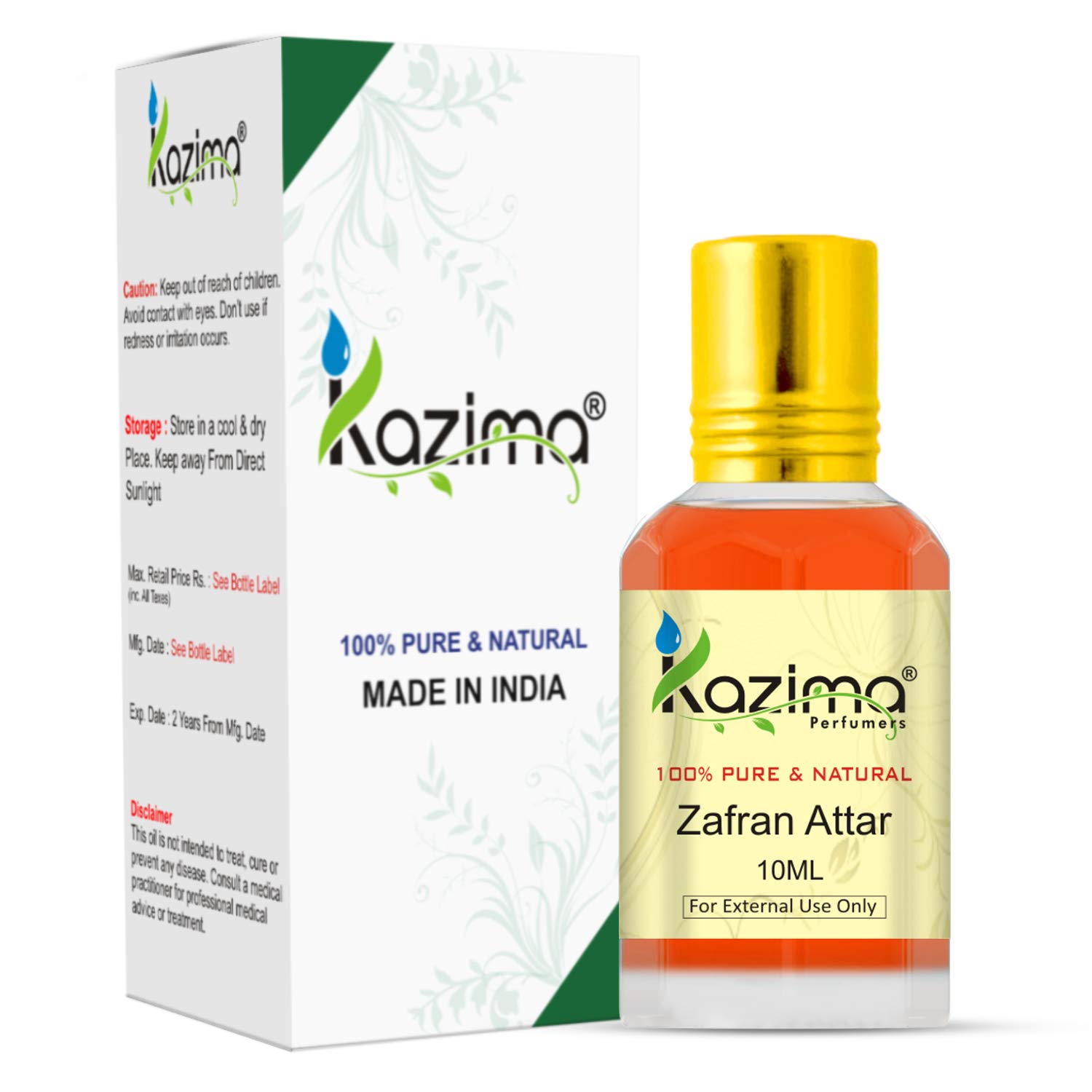 KAZIMA Zafran (Saffron) Attar Perfume For Unisex - Pure Natural Undiluted (Non-Alcoholic) (10ml)