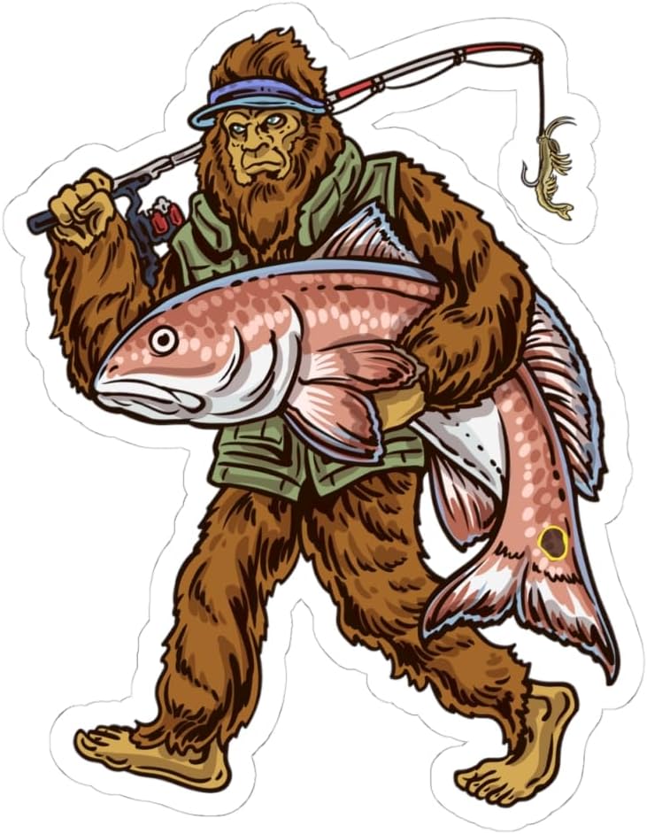 Bigfoot Redfish Fishing Sticker Funny Sasquatch Fishing Decal Kiss Cut Vinyl Sticker for Tackle Box, Cooler, or Boat