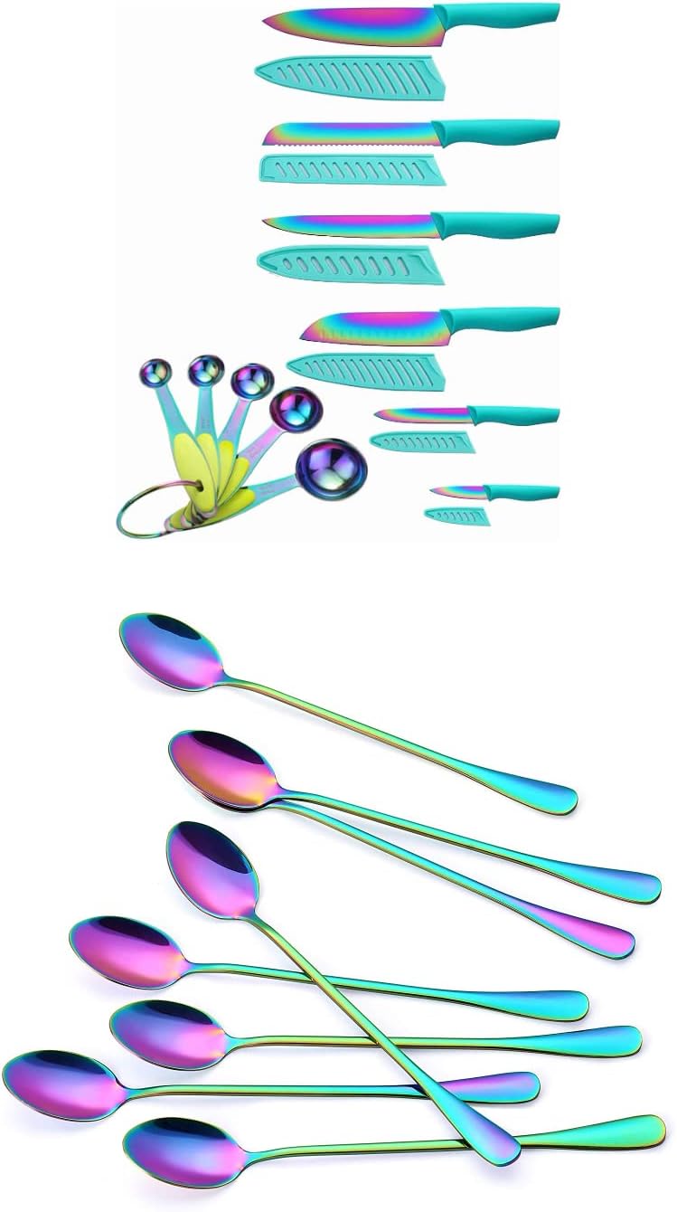 Marco Almond KYA37B Knife Set with Blade Guards and Measuring Spoons + KYA55 Rainbow Titanium Long Handle Spoons