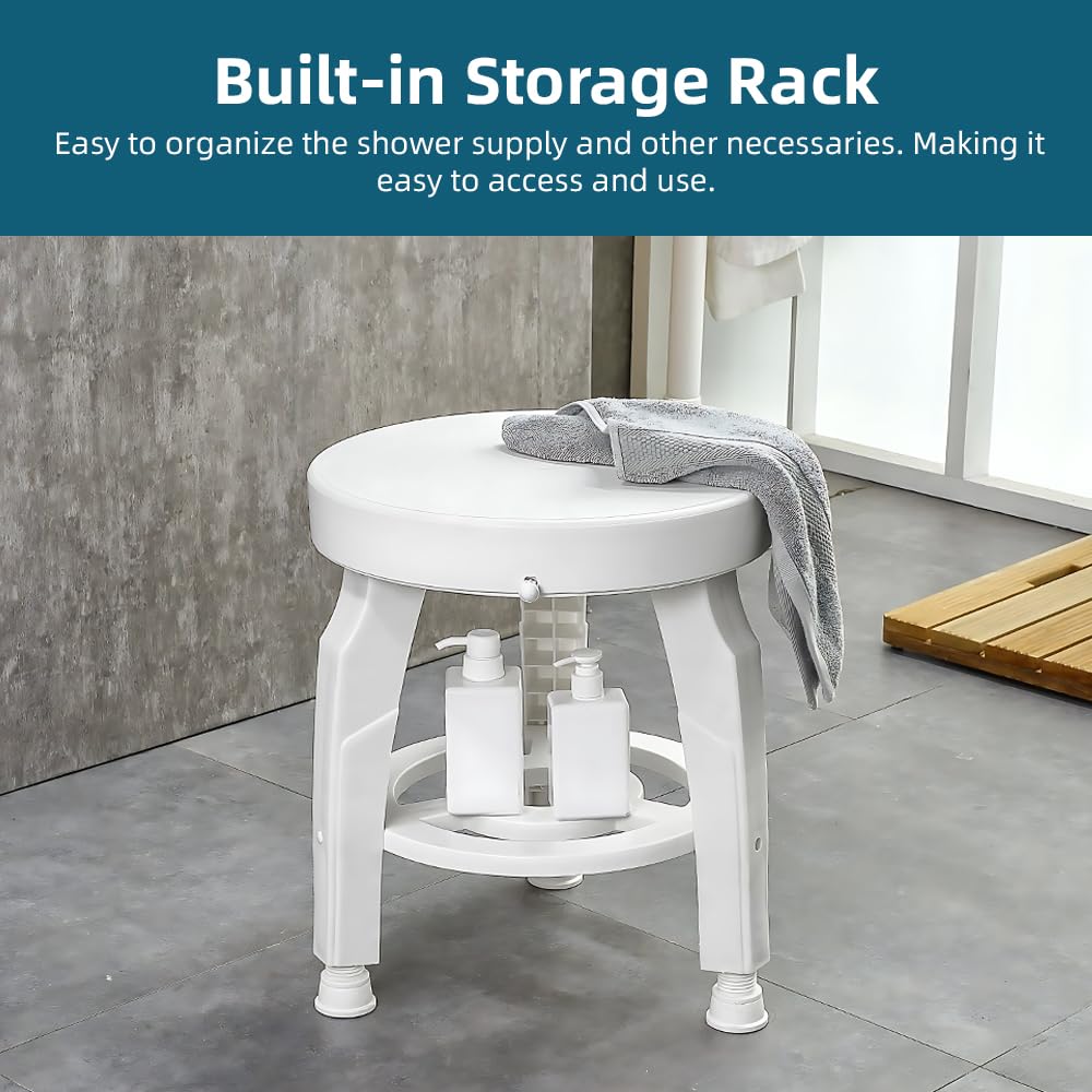 Silla de Ducha Redonda, Taburete de Ducha Ajustable en Altura, Giratorio de 360 ​​Grados, con Patas de succión y Estante de Almacenamiento para bañera de baño, Hospital, Ancianos