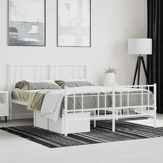 Double Bed Frame with Headboard, Heavy Duty King Size Metal Platform Bed Frame, Steel Black Bedroom Furniture for Master Guest Room（White,160 x 200 cm,with headboard & footboard）