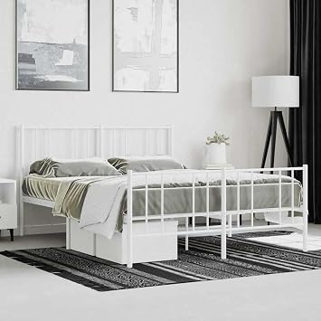 Double Bed Frame with Headboard, Heavy Duty King Size Metal Platform Bed Frame, Steel Black Bedroom Furniture for Master Guest Room(White,160 x 200 cm,with headboard & footboard)