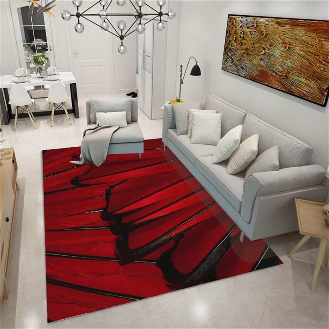 Tapis doux salon rouge à motif plumes pour une chambre de filles cocooning