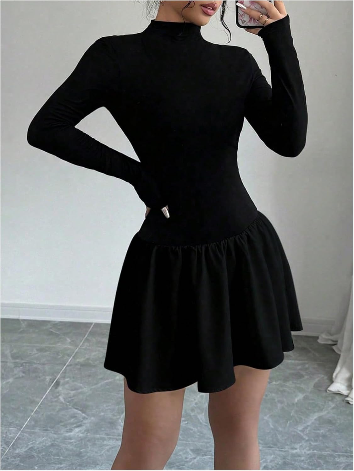 OYOANGLE Women's Long Sleeve Mock Neck Ruffle Short Dress Solid Bodycon A Line Dresses - Image 4