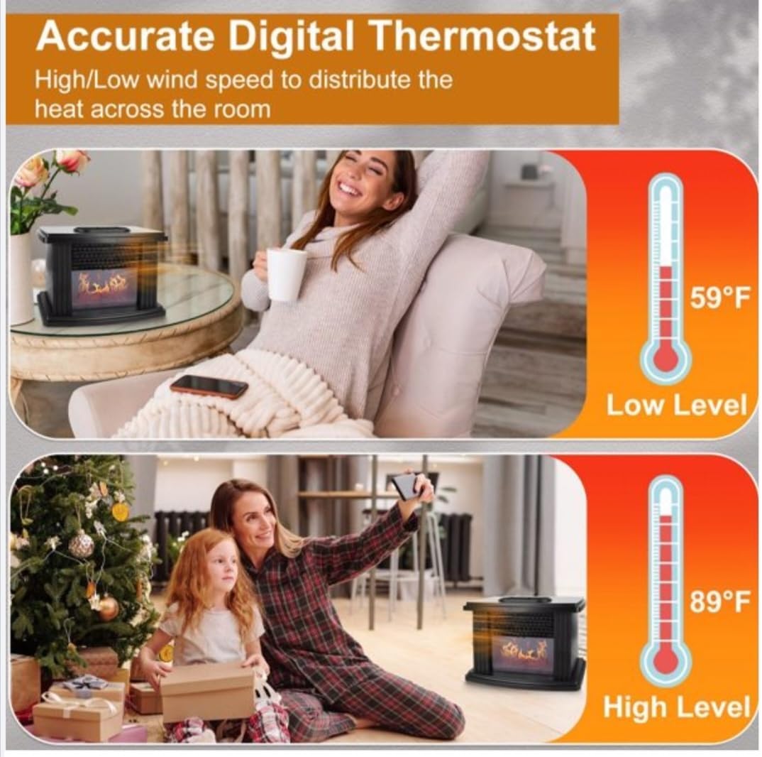 Electric Fireplace Heater with Remote, 800W, Digital Thermostat 59-89°F, Timer Setting, Low Noise, Black